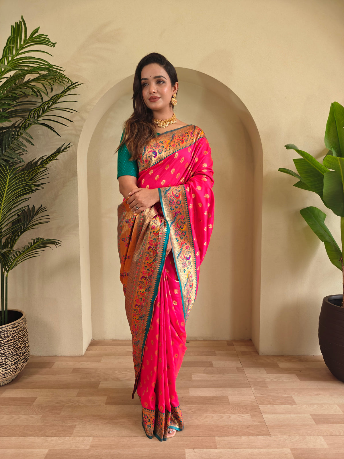 Rani Pink & Peacock Green Ethnic Motifs Woven Design Silk Saree With Woven Design Border