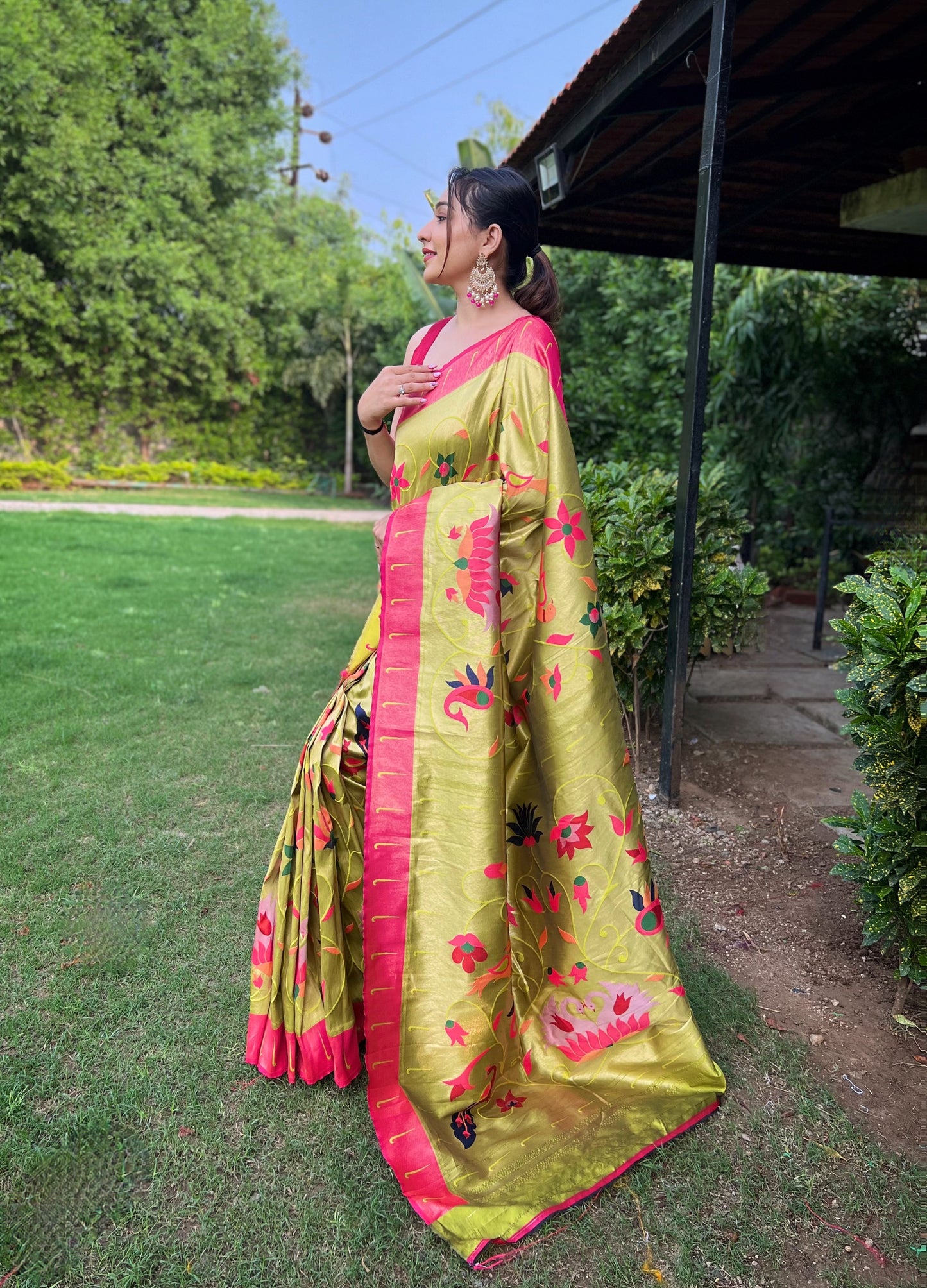 PISTA PURE PAITHANI WITH ALL OVER ZARI AND MEENAKARI WEAVES SAREE