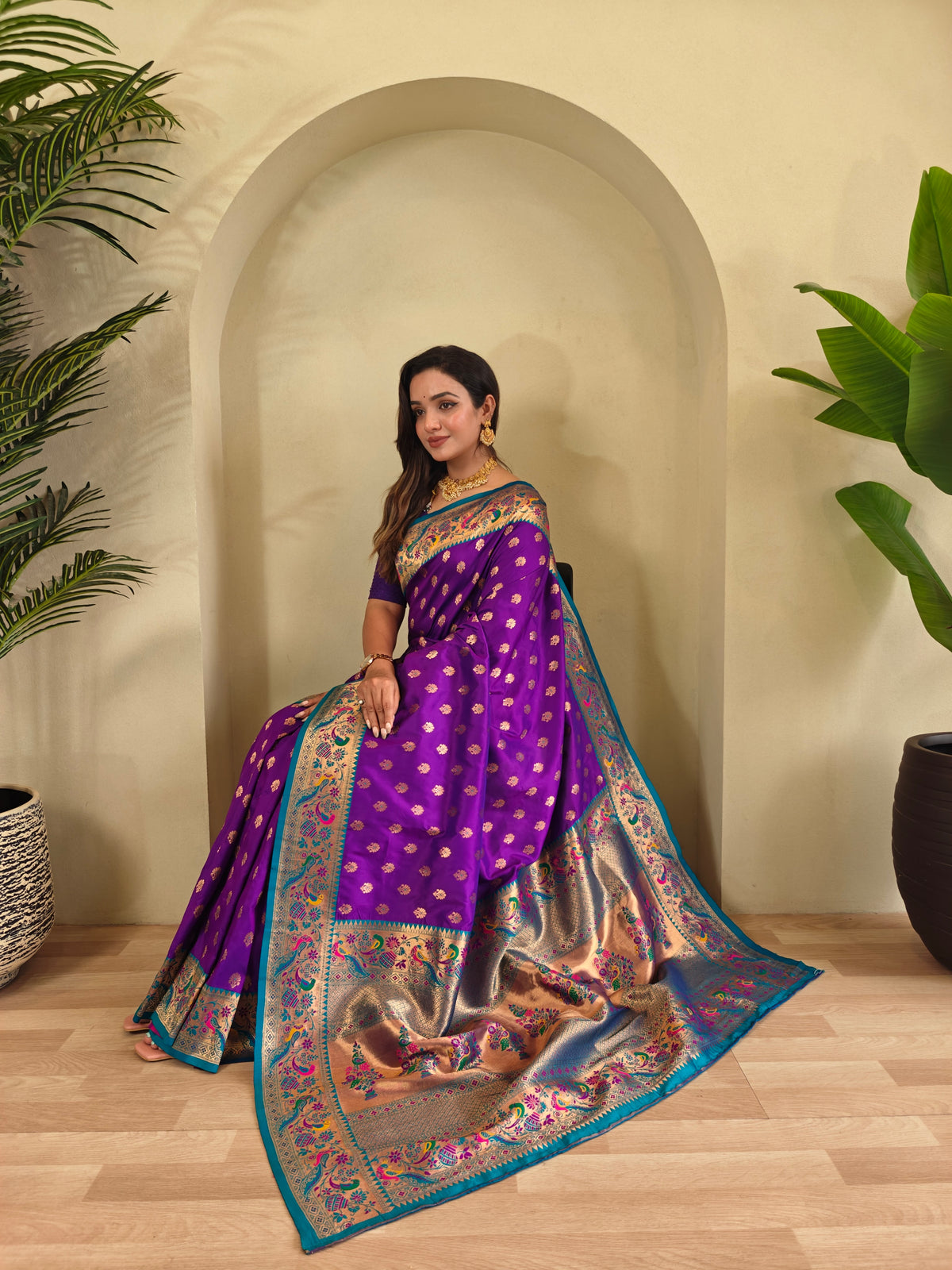 Purple & Peacock Blue Ethnic Motifs Woven Design Silk Saree With Woven Design Border