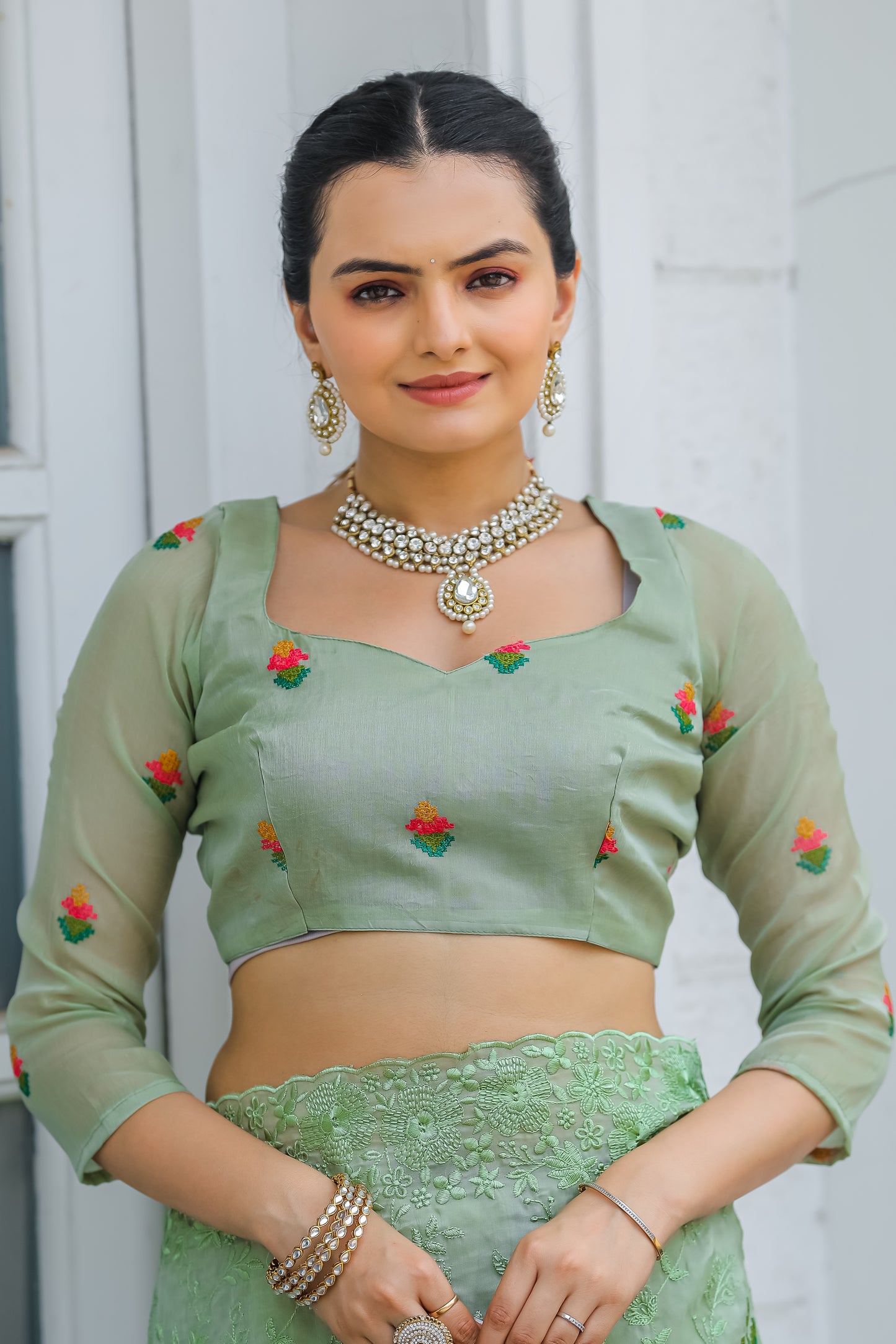 Frog Green Chiffon Saree With Flower Embroidery And Cut work