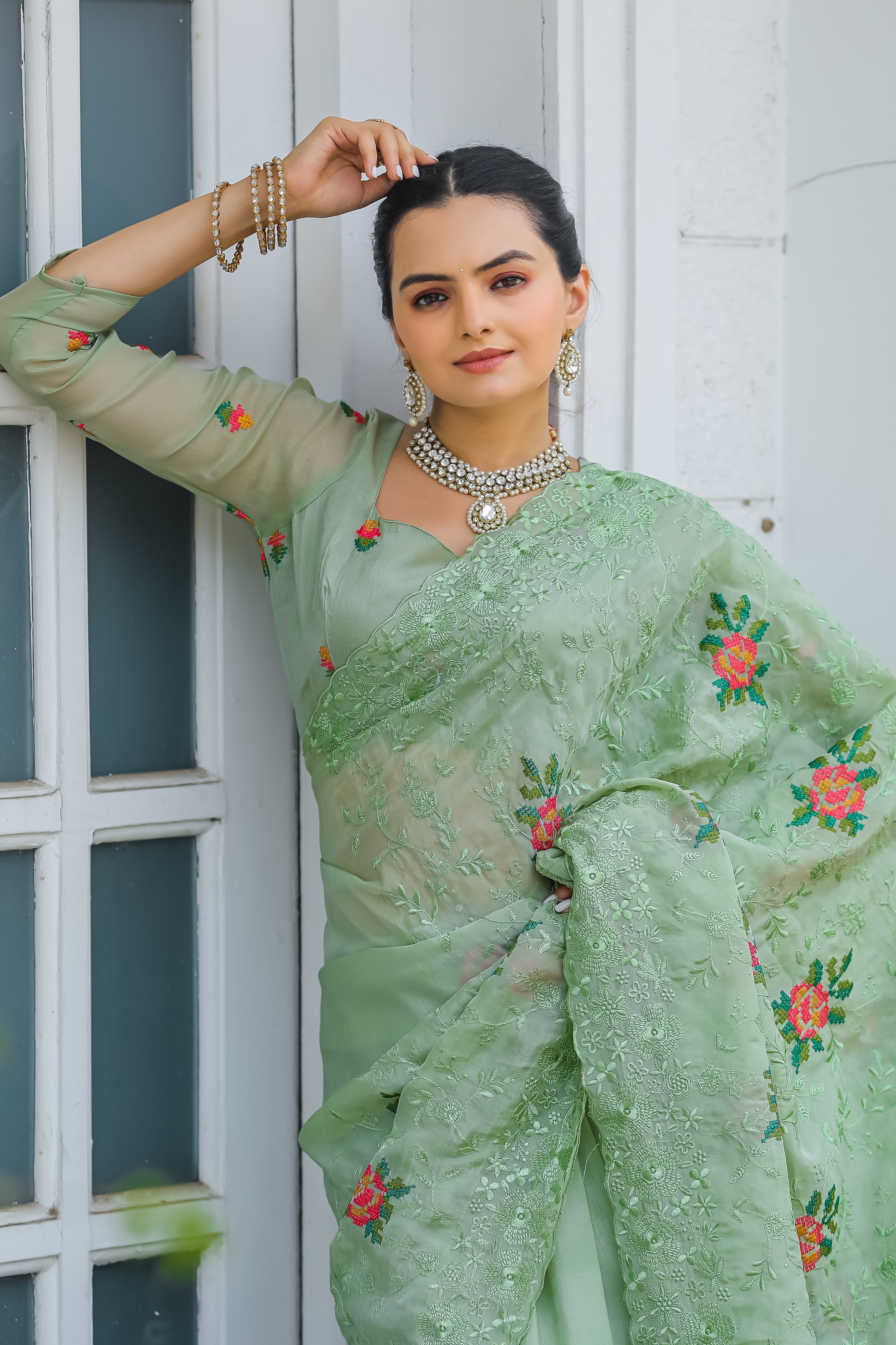 Frog Green Chiffon Saree With Flower Embroidery And Cut work