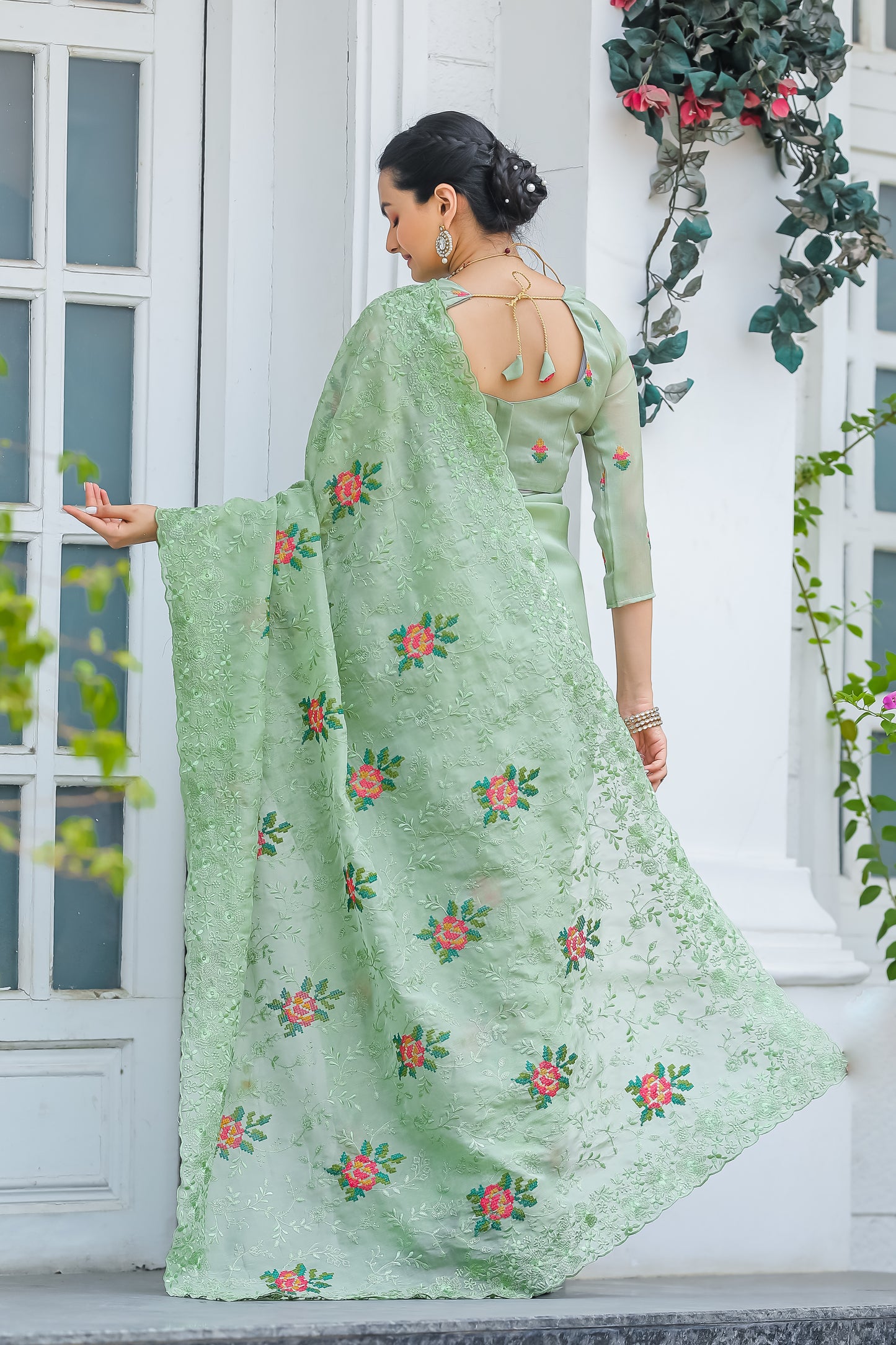 Frog Green Chiffon Saree With Flower Embroidery And Cut work