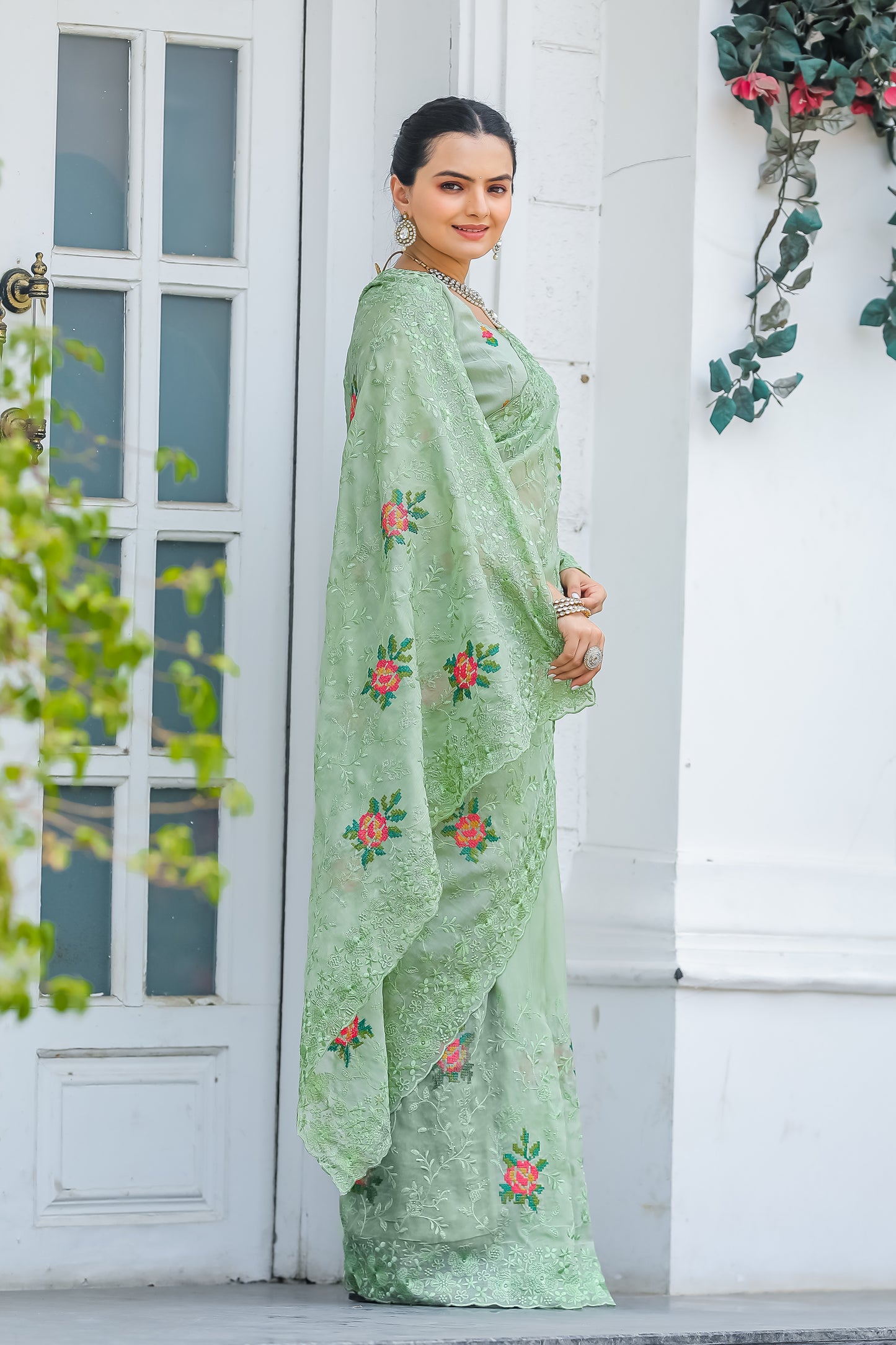 Frog Green Chiffon Saree With Flower Embroidery And Cut work