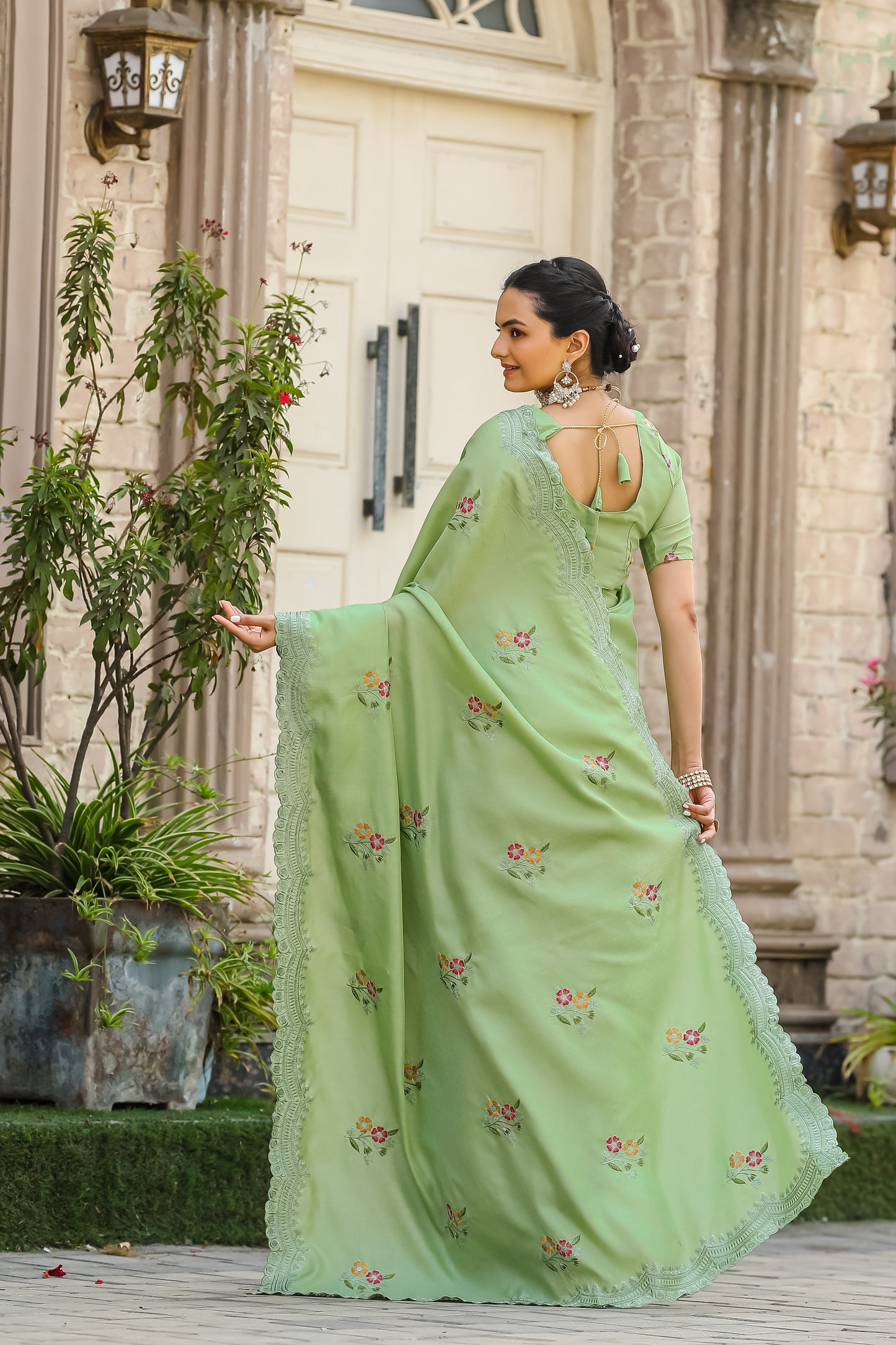 Pista Tussar Cotton Floral And Sequins Embroidery Work Saree