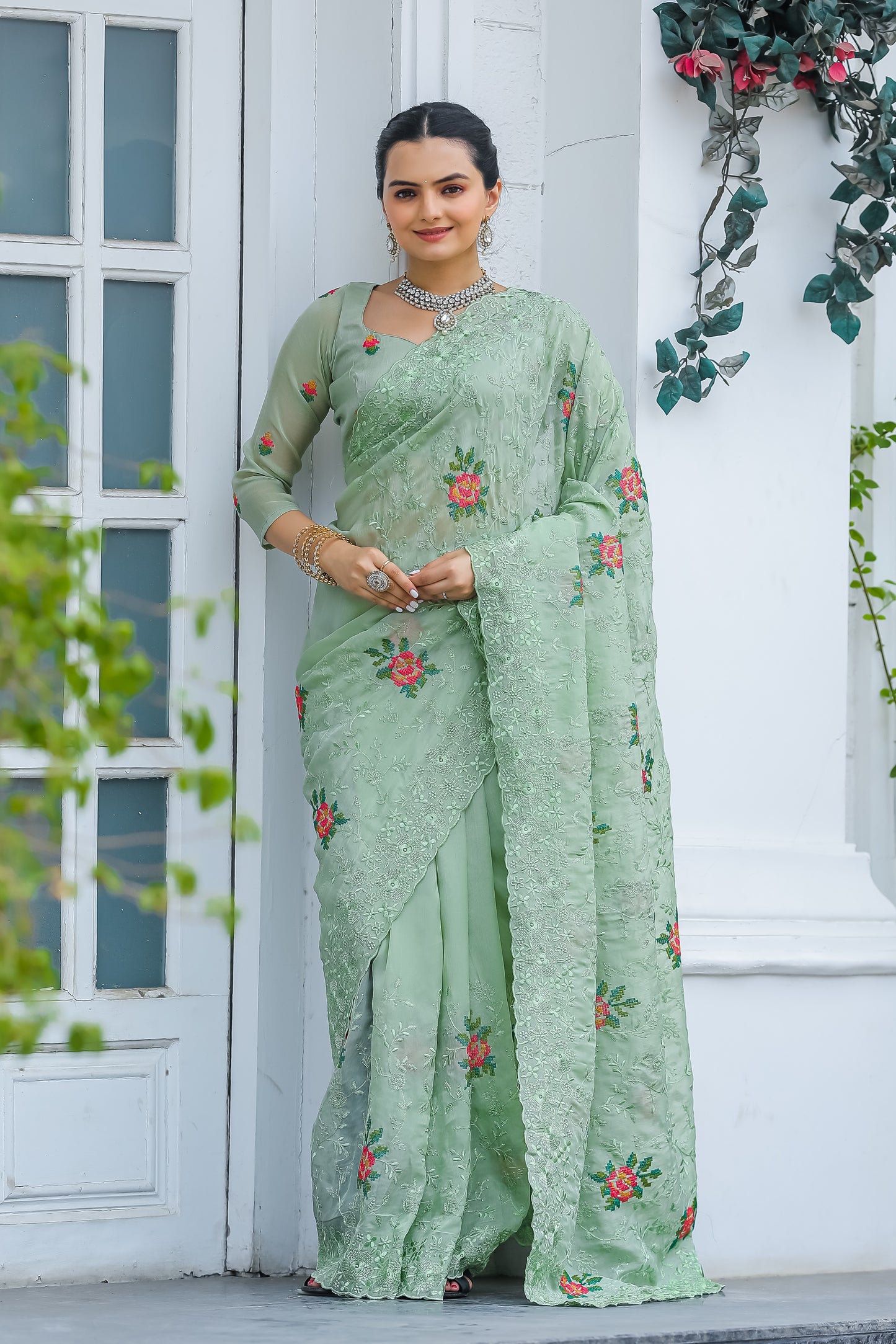 Frog Green Chiffon Saree With Flower Embroidery And Cut work