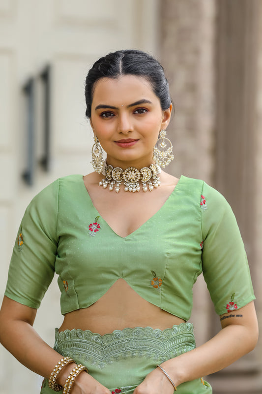 Pista Tussar Cotton Floral And Sequins Embroidery Work Saree