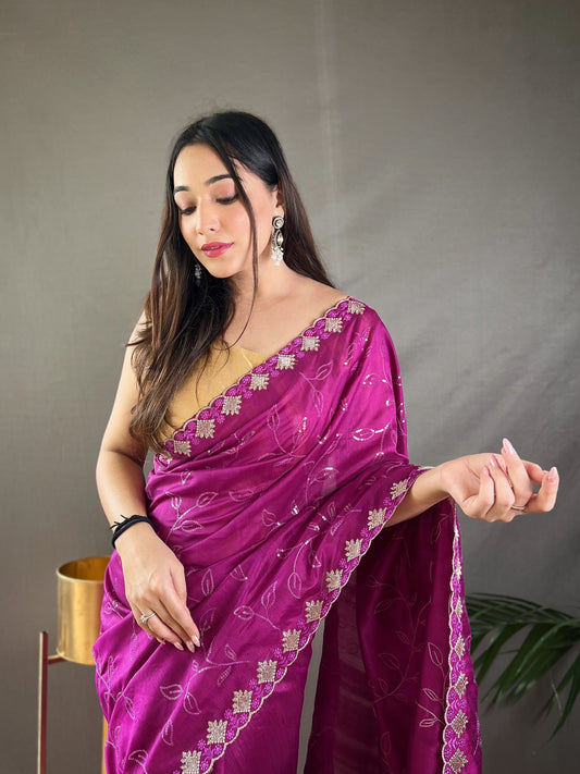 Pink Color Floral Embroidered Silk Blend Saree