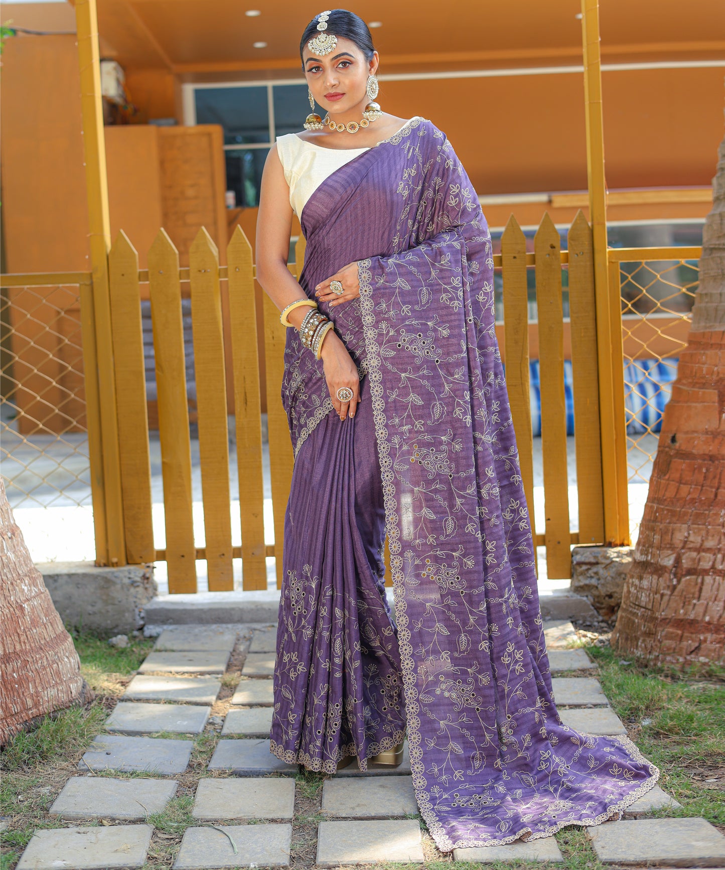 Dusty Purple Aaisha Tussar Silk Embroidered Saree
