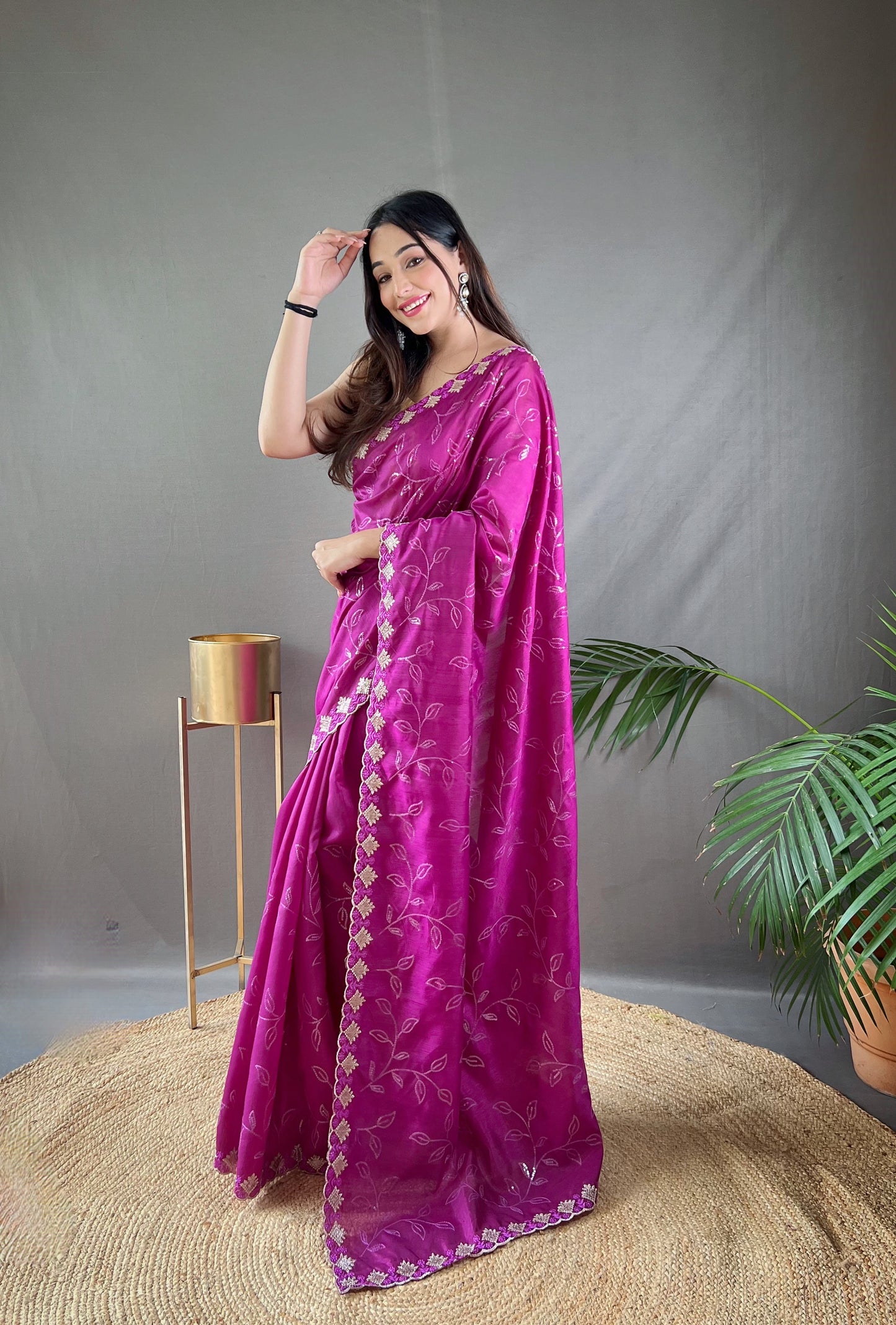 Pink Color Floral Embroidered Silk Blend Saree