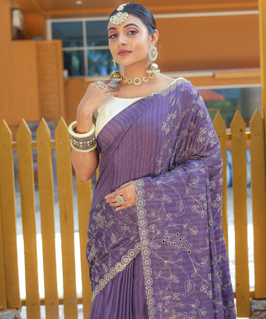 Dusty Purple Aaisha Tussar Silk Embroidered Saree