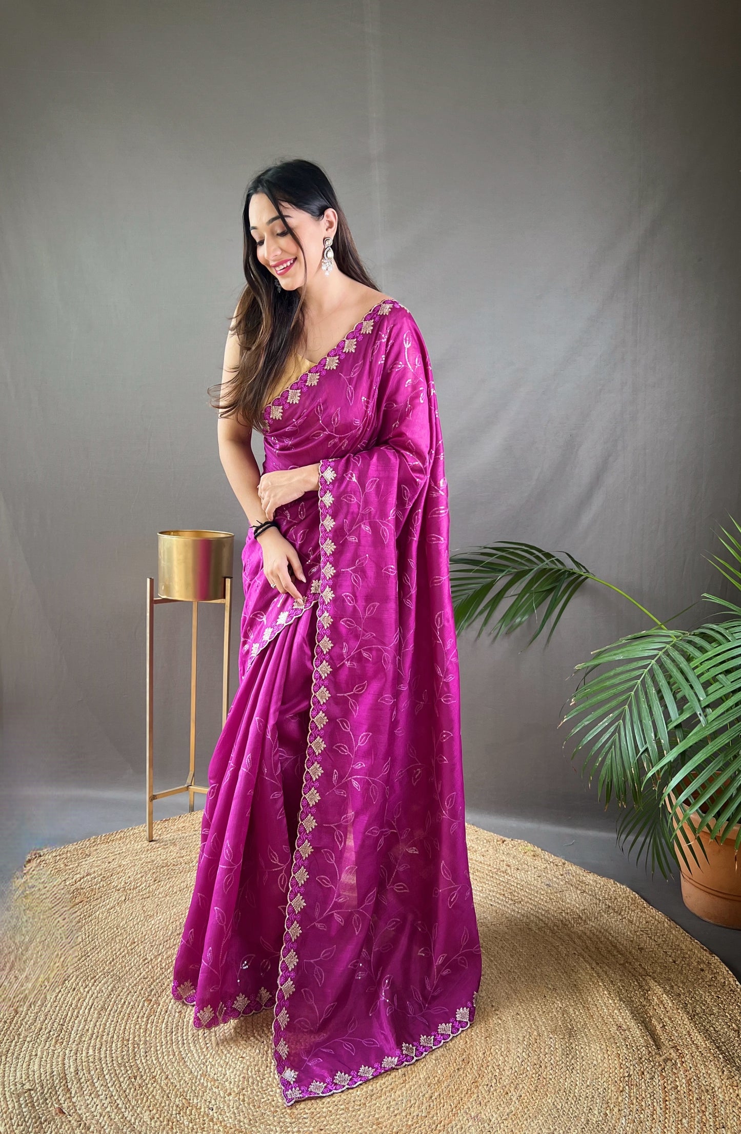 Pink Color Floral Embroidered Silk Blend Saree