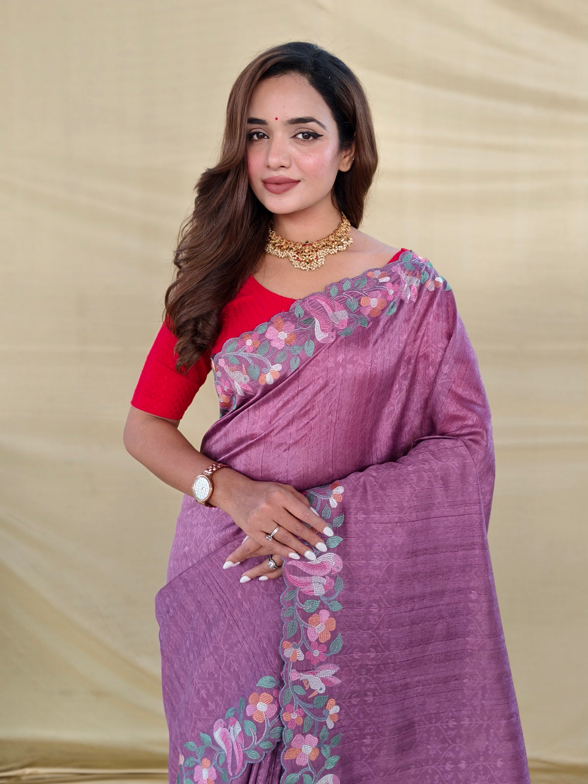 Mauve Pink Embroidered Tussar Silk Saree With Scalloped Floral Border & Unstitched Blouse Piece