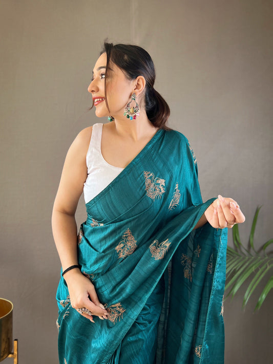 Rama Color Embroidered Soft Silk Saree