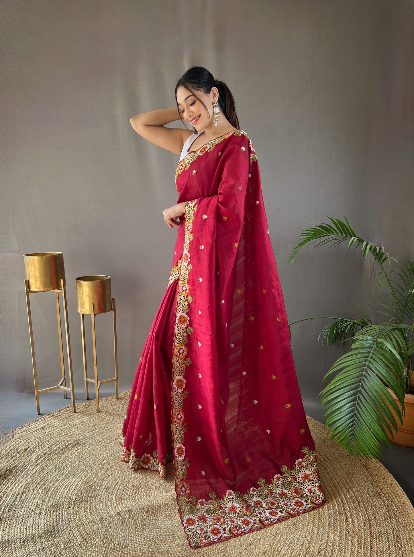 Red Pure Tussar Silk Embroidery Work Saree