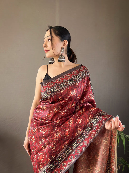 Red Digital Printed Silk Weaves Saree