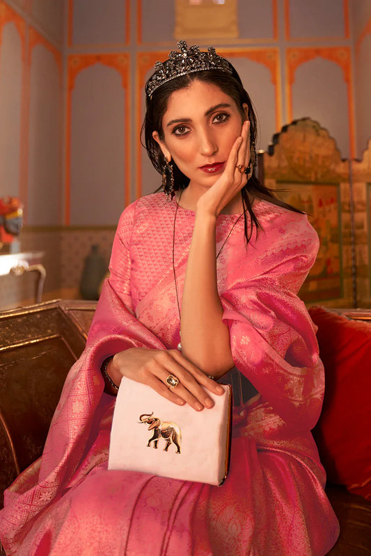 Watermelon Pink Golden Zari Shine Soft Kanjivaram Silk Wedding Saree