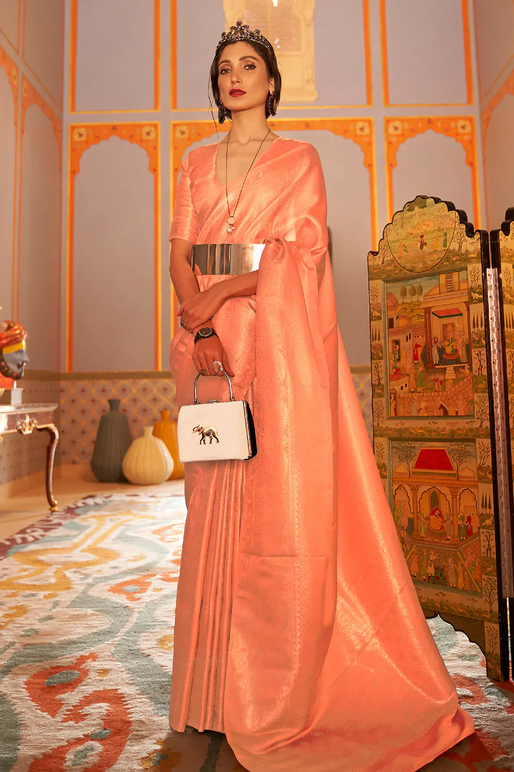 Melon Orange Golden Zari Shine Soft Kanjivaram Silk Wedding Saree