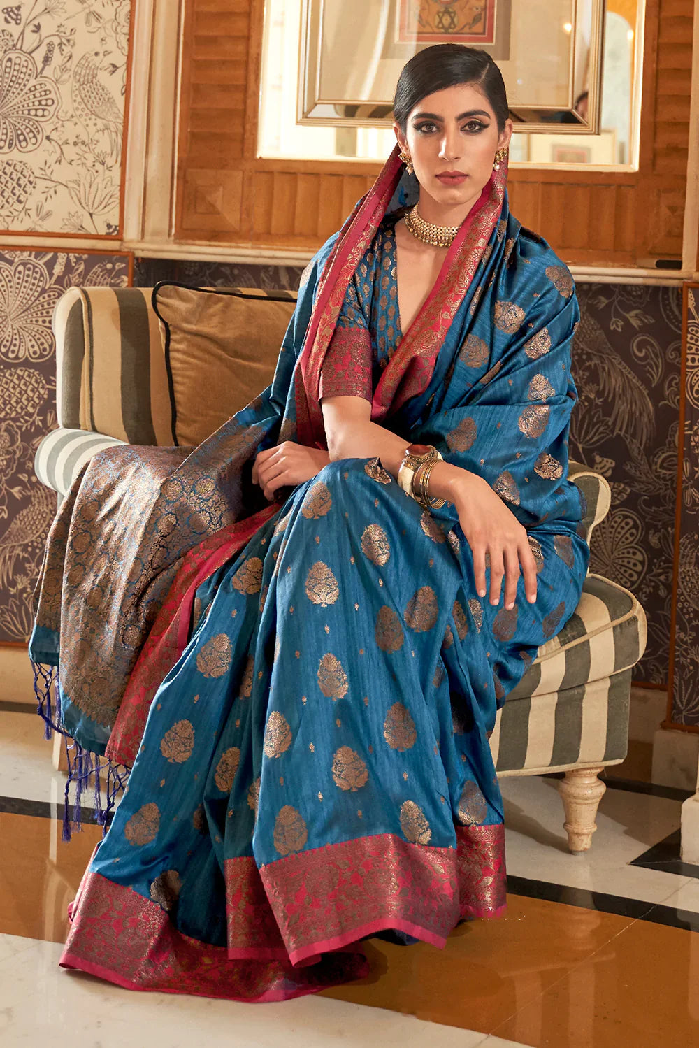 Cadet Blue Tessar Silk Weaving Saree