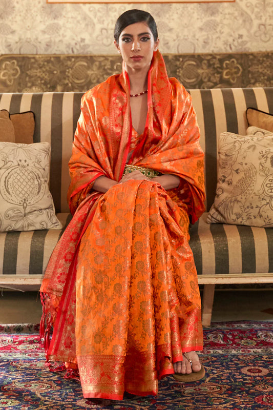 Orange Tessar Silk Weaving Saree