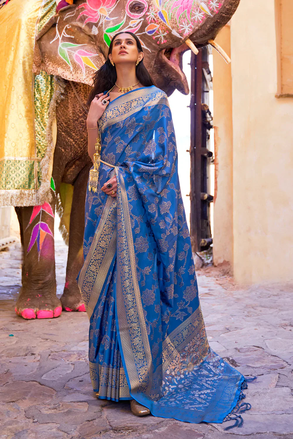 Cobalt Blue Soft Silk Saree In Handloom Weaving With Sequins