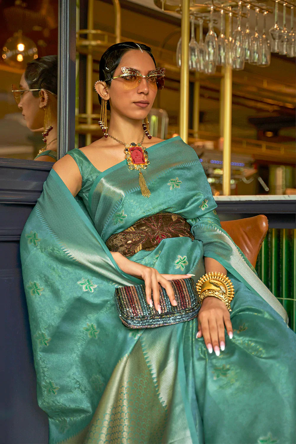 Cyan Green Handloom Weaving Organza Saree