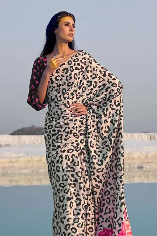 Black And White Multy Color Animal Print Pure Sattin Crepe Saree And Digital Print Blouse