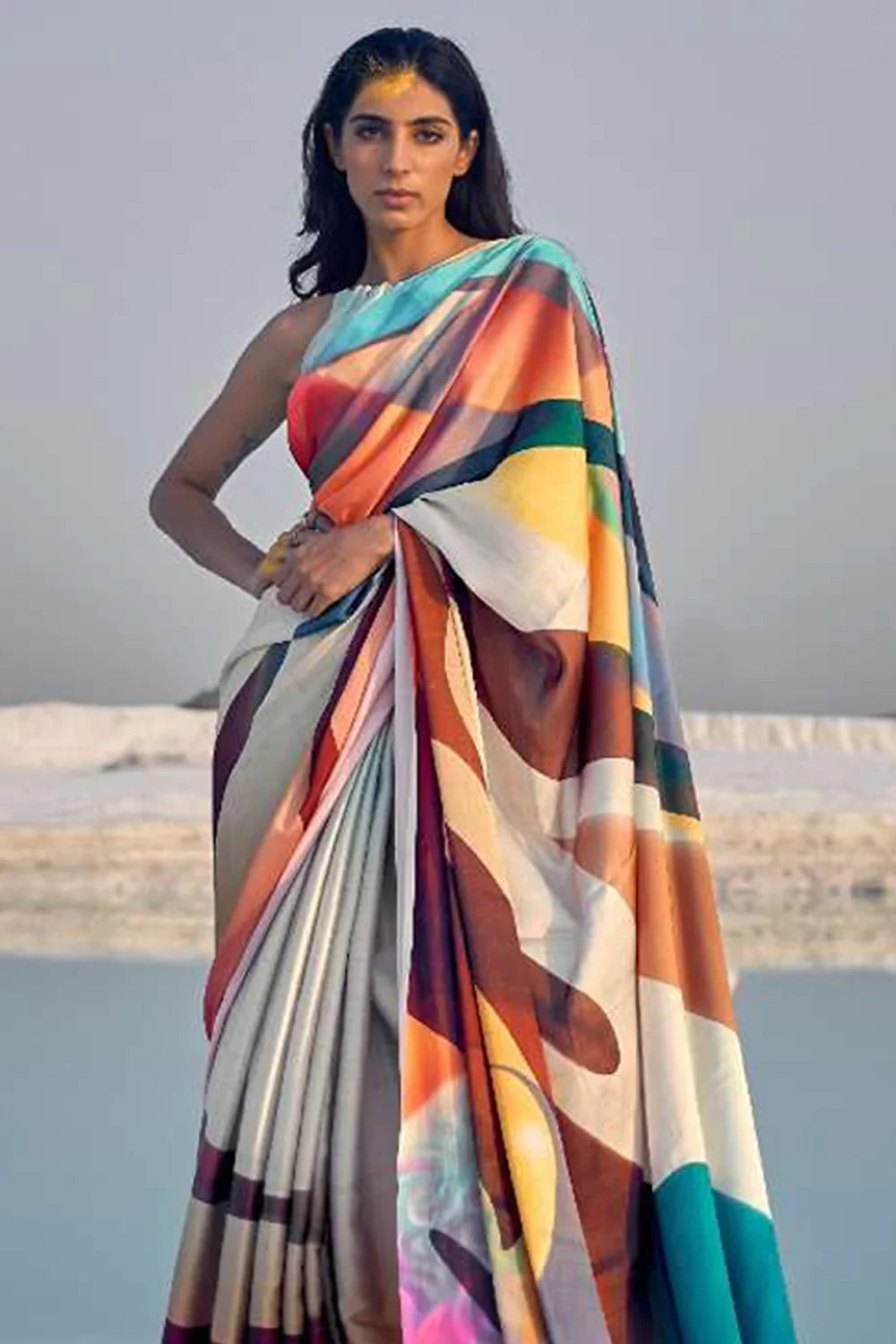 Silver Multy Design Pure Sattin Crepe Saree And Digital Print Blouse