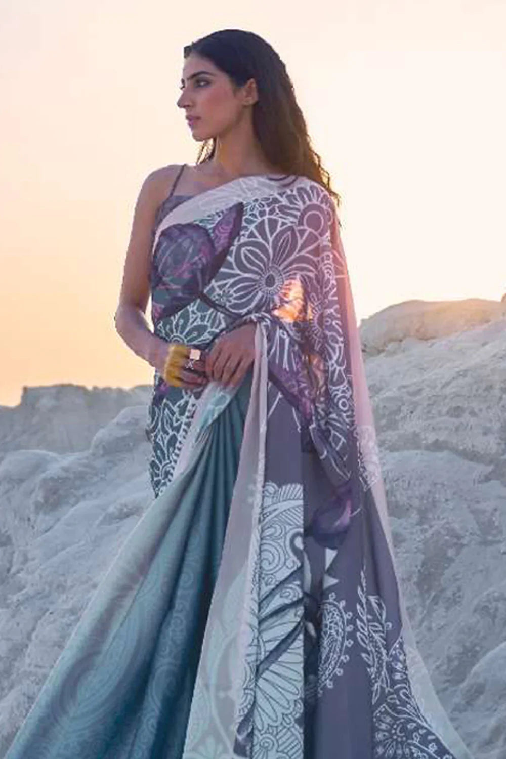 Bluish And Greyish Multy Design Pure Sattin Crepe Saree And Digital Print Blouse