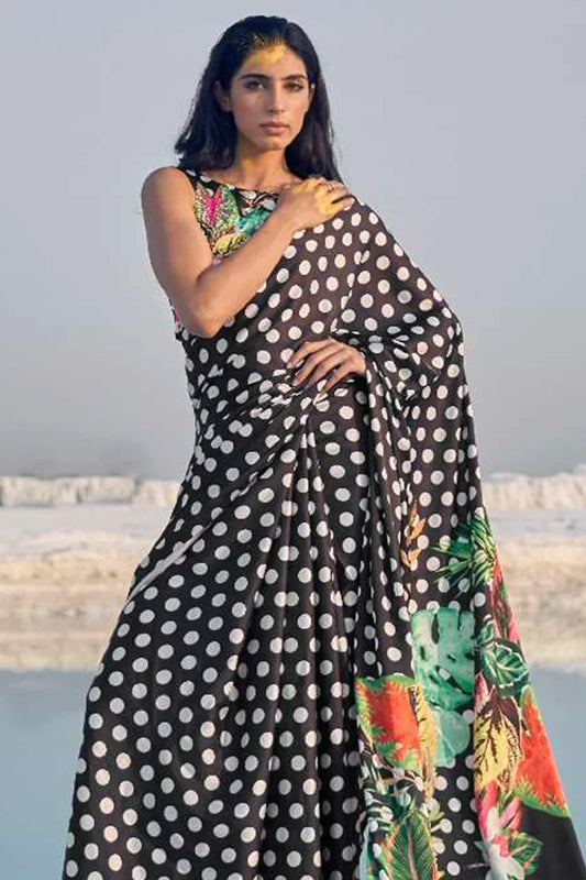 Black Color Polka Dot Pure Sattin Crepe Saree And Digital Print Blouse