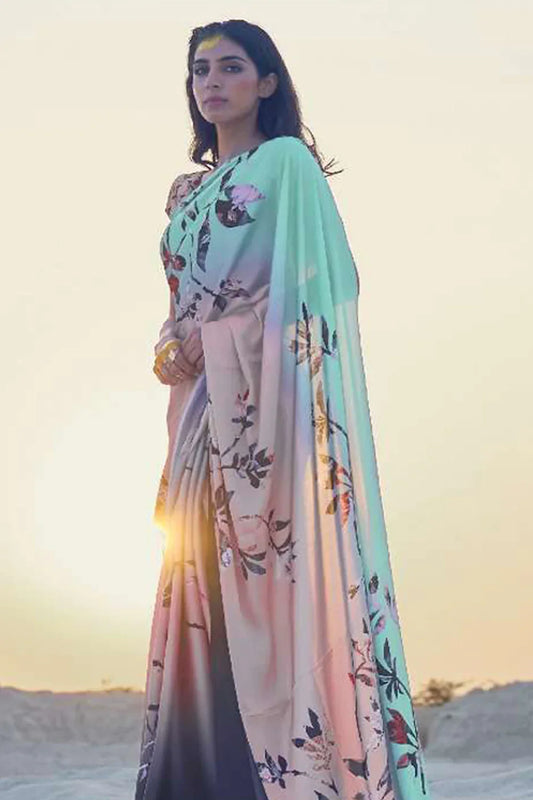 Pastel Blue And Pink Color Polka Dot Pure Sattin Crepe Saree And Digital Print Blouse