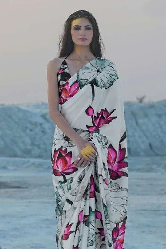 Daisy White Color Polka Dot Pure Sattin Crepe Saree And Digital Print Blouse