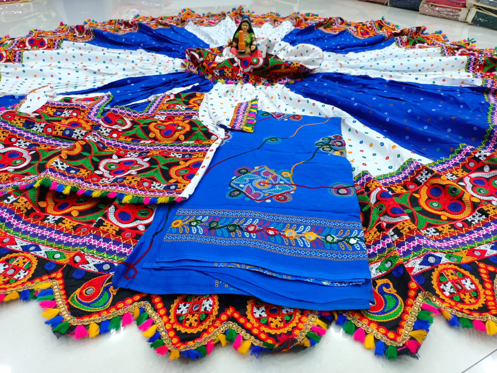 Blue White Pure Heavy Rayon Cotton With Bandhani Print And Real Mirror Work Navratri Lehenga Choli