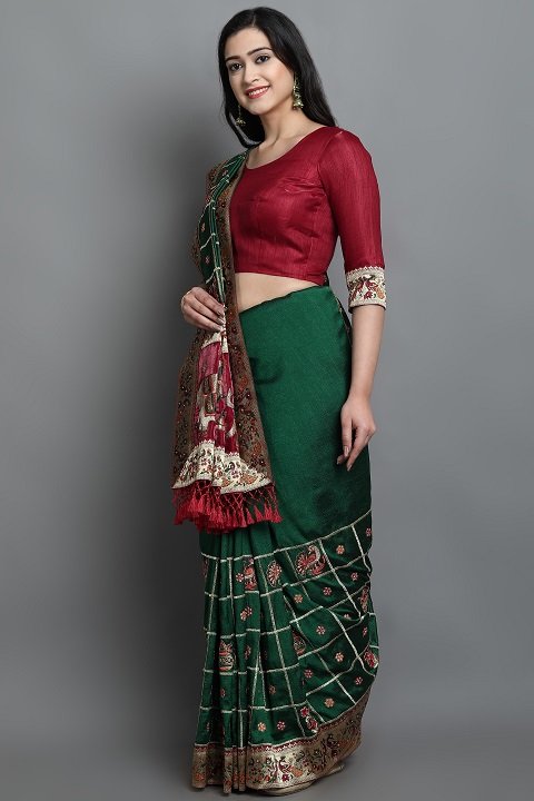 Patola Silk Saree | Bottle Green, Red Panetar Wedding Saree | Doli Design Saree
