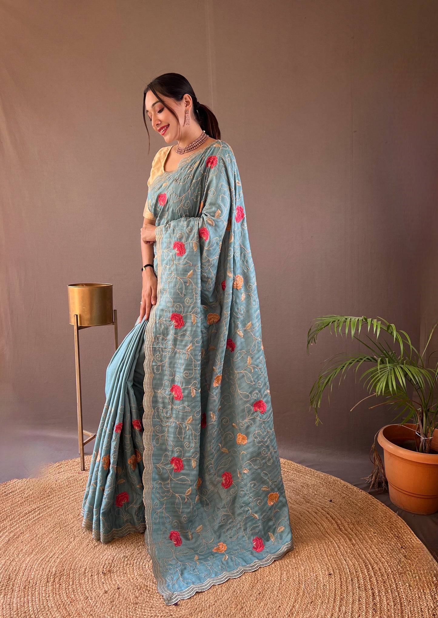 Sky Color Tussar Silk Saree with Floral Embroidery Jaal Work Saree