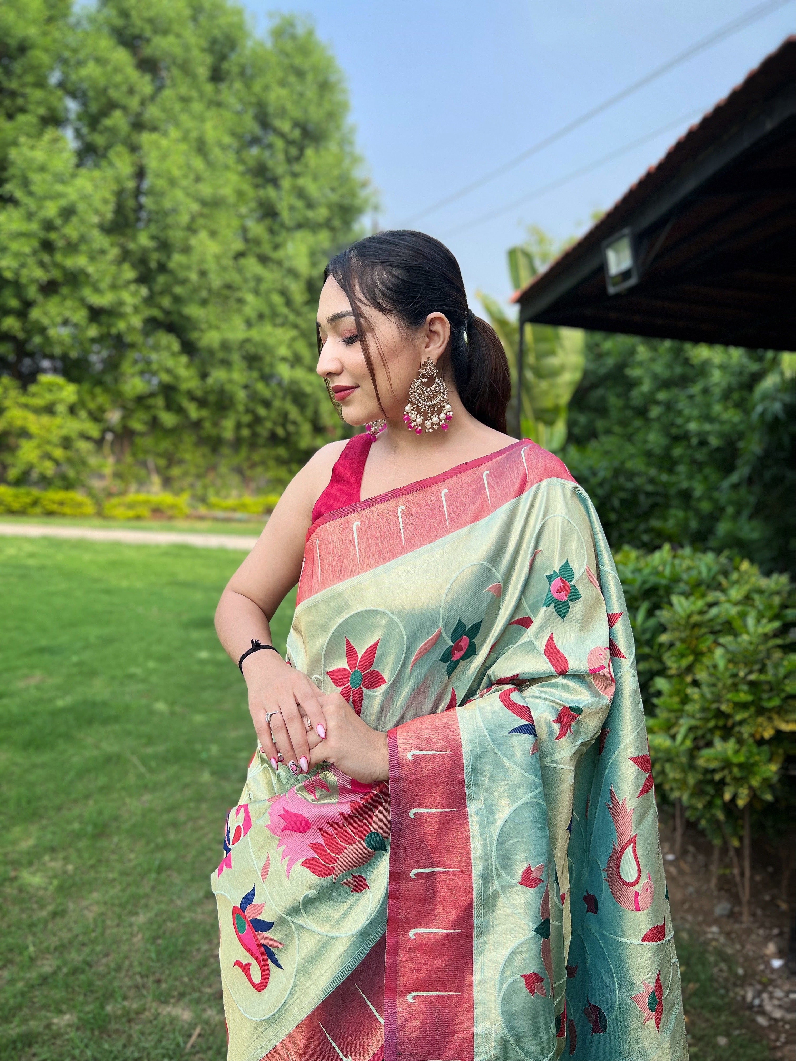 SKY BLUE PURE PAITHANI WITH ALL OVER ZARI AND MEENAKARI WEAVES SAREE