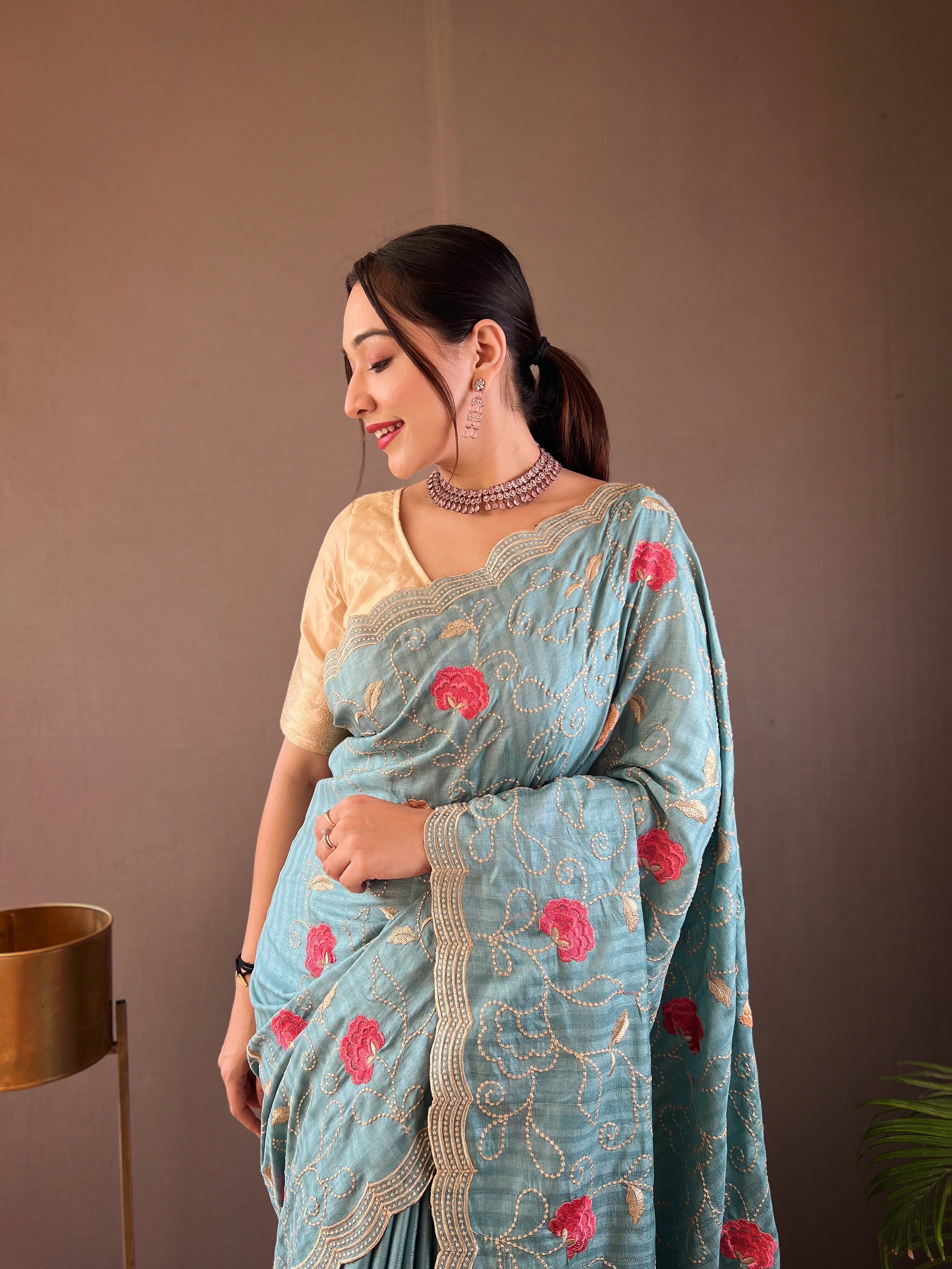 Sky Color Tussar Silk Saree with Floral Embroidery Jaal Work Saree