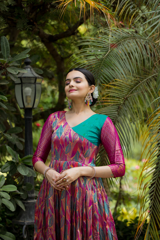 Pink V Neck Soft Silk Copper Banarasi Weaving Gown