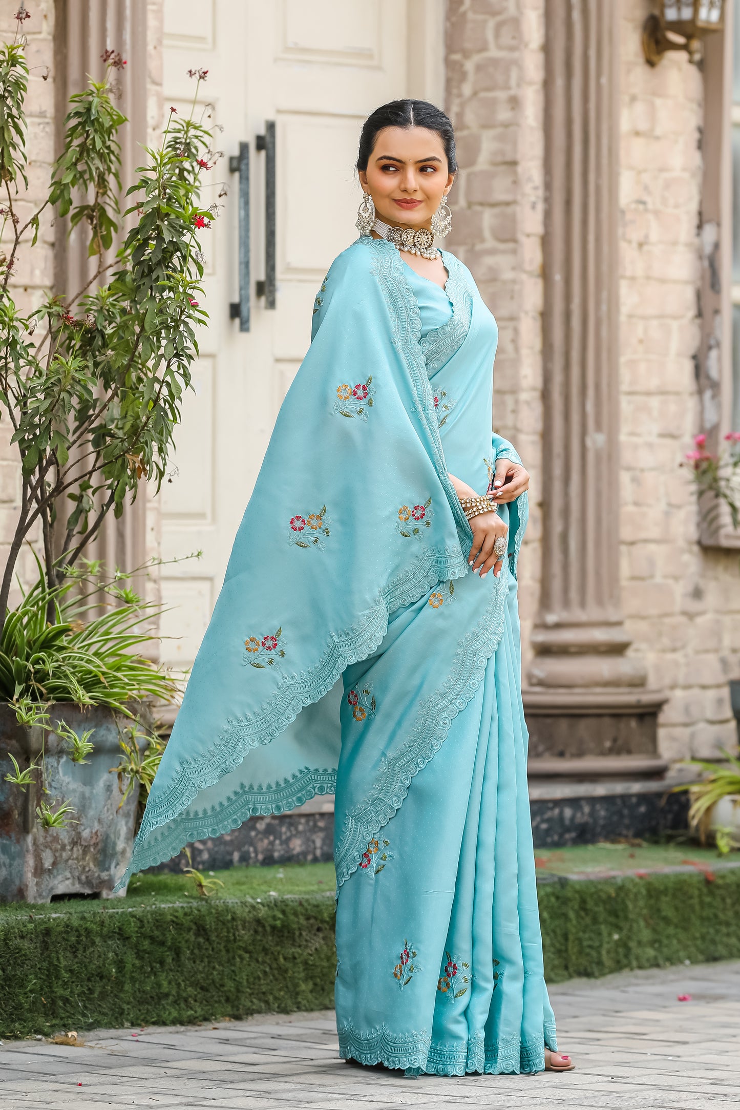 Sky Tussar Cotton Floral And Sequins Embroidery Work Saree