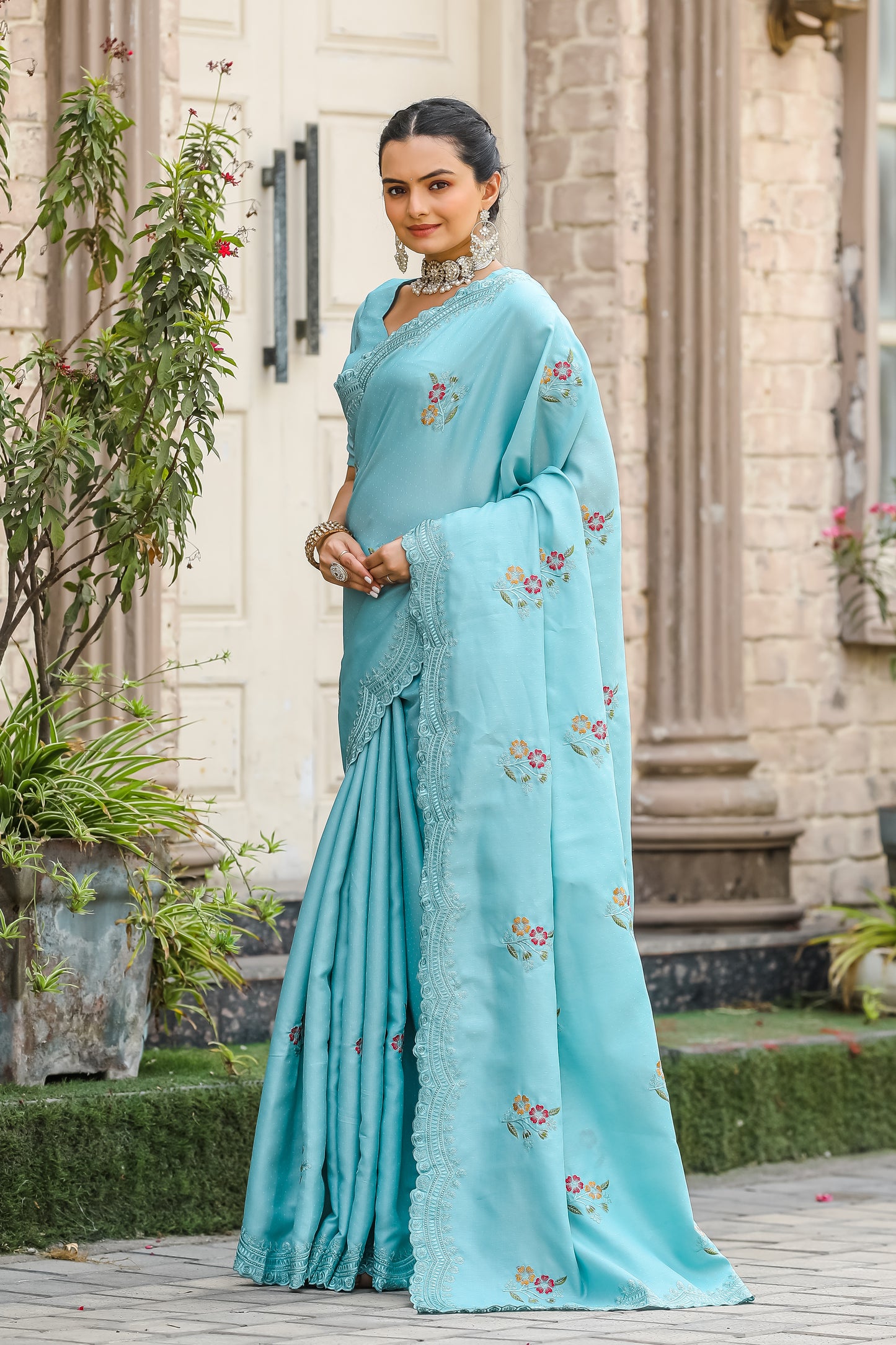 Sky Tussar Cotton Floral And Sequins Embroidery Work Saree