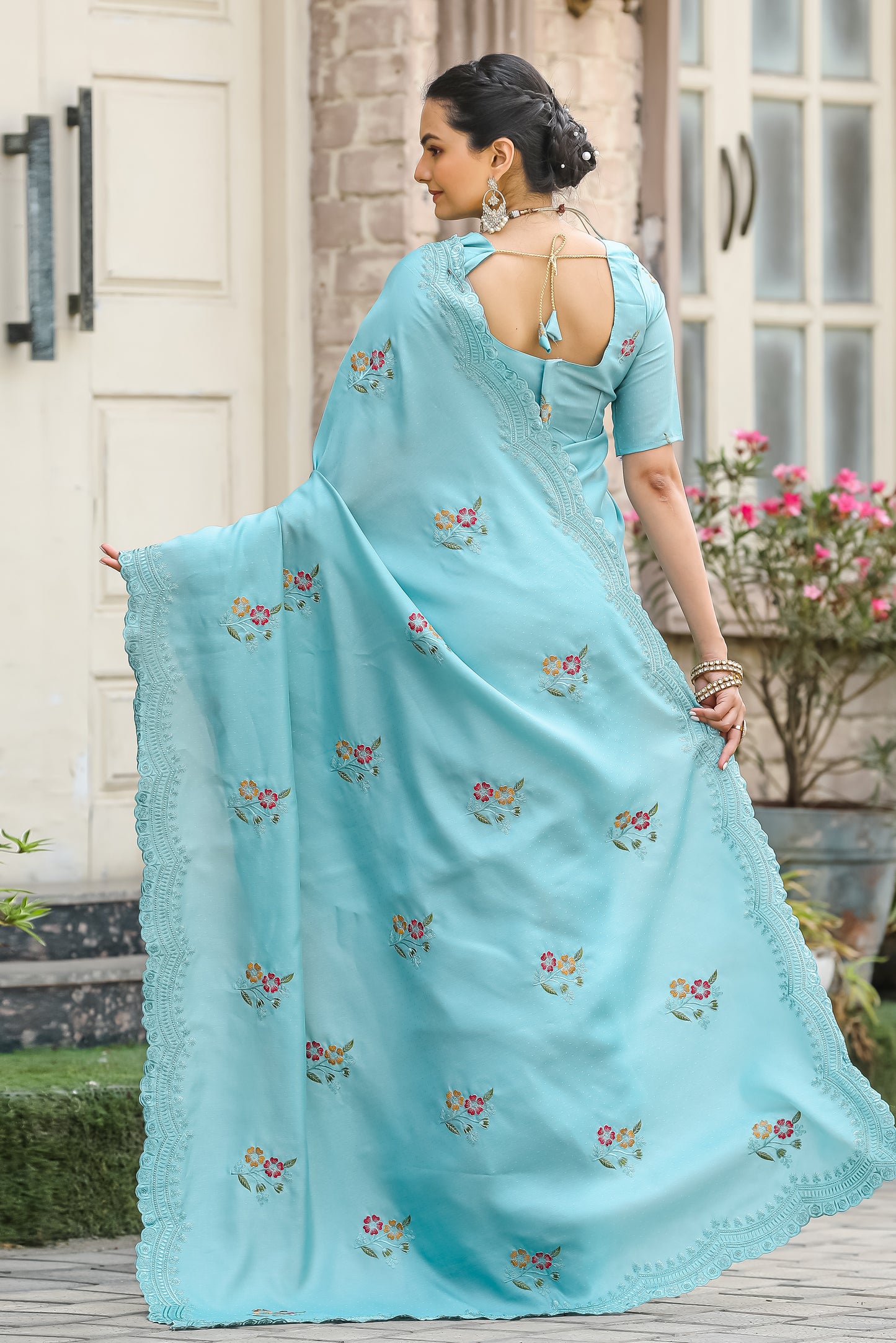 Sky Tussar Cotton Floral And Sequins Embroidery Work Saree