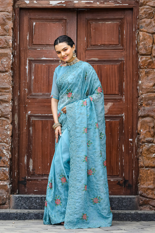 Jordy Blue Chiffon Saree With Flower Embroidery And Cut work