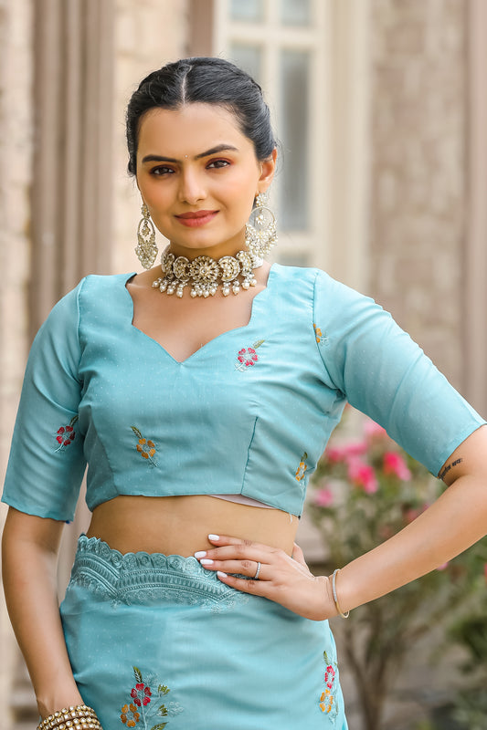 Sky Tussar Cotton Floral And Sequins Embroidery Work Saree