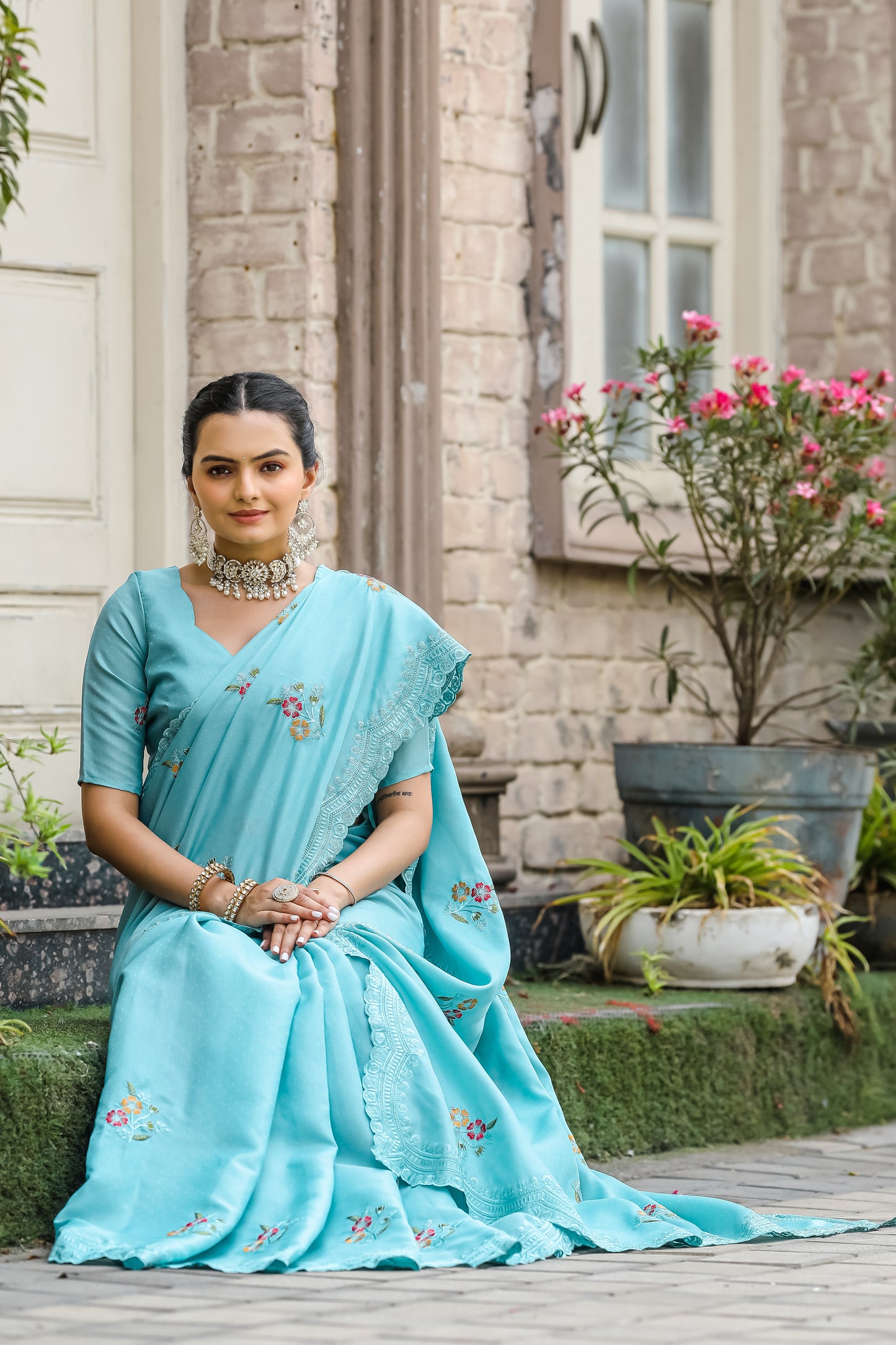 Sky Tussar Cotton Floral And Sequins Embroidery Work Saree