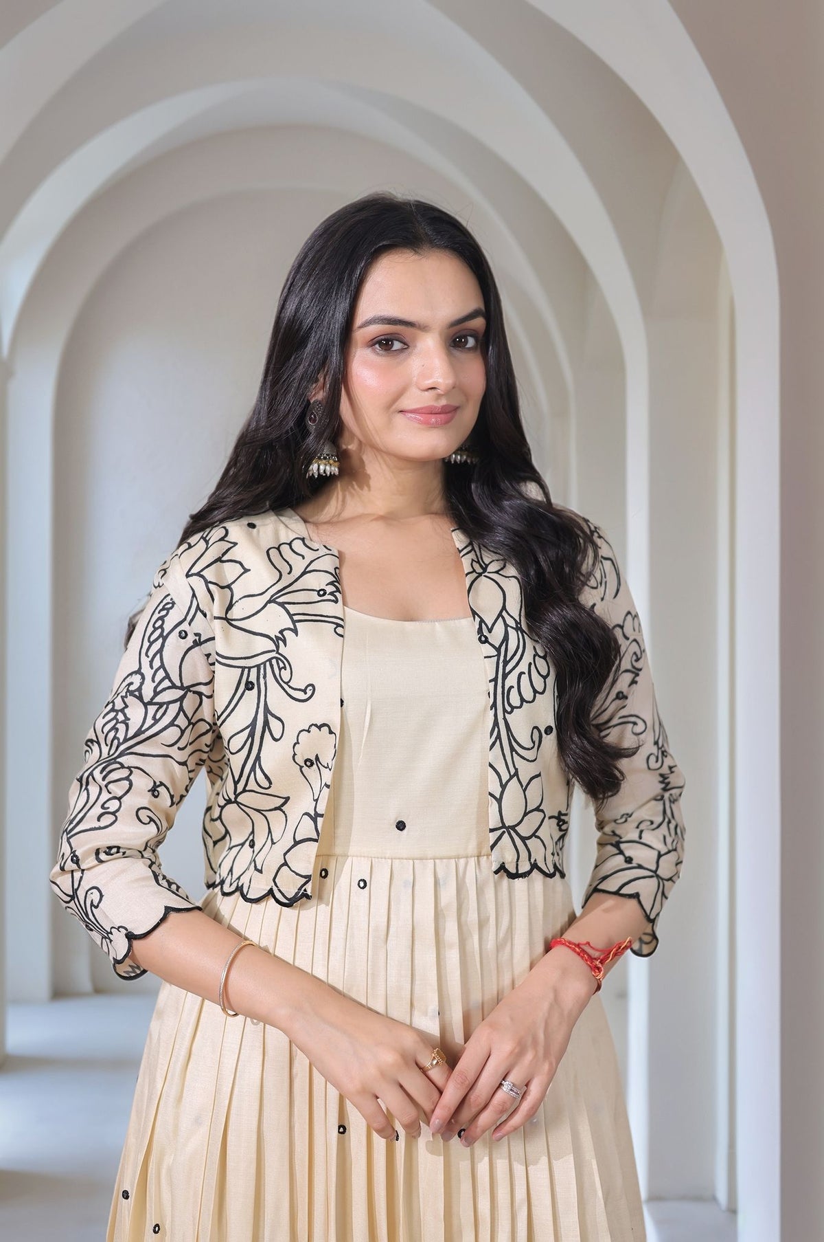 Beige Tussar Silk Flared Gown with Kalamkari Floral Print & Matching Jacket
