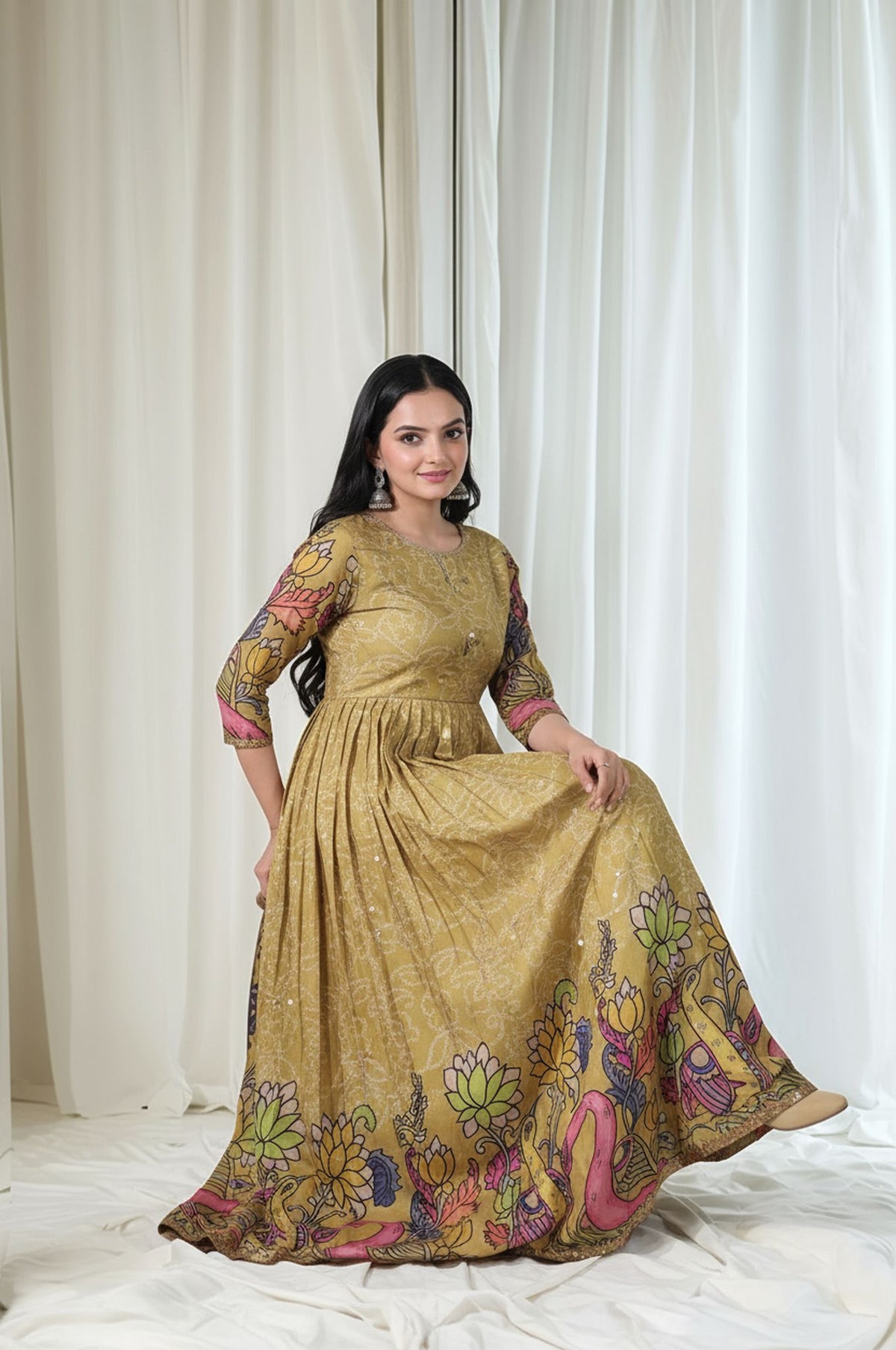 Olive Green Tussar Silk Flared Gown with Delicate Kalamkari Floral & Peacock Print
