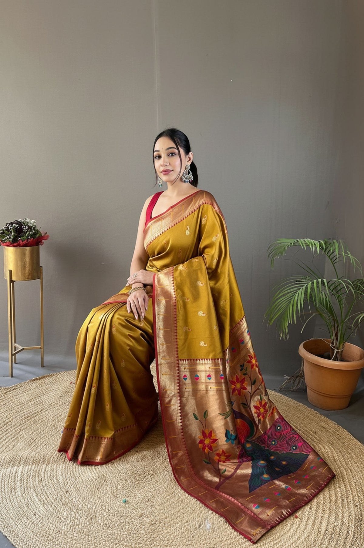 Mustard Yellow Woven Design Silk Blend Paithani Saree With Peacock Pallu & Zari Border