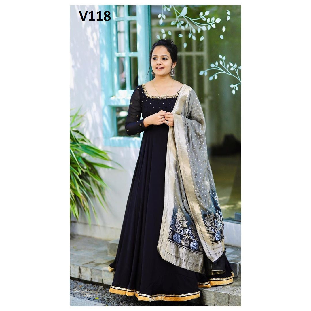 Black Partywear Woven Embroidery Work Blooming Georgette Gown With Duppata