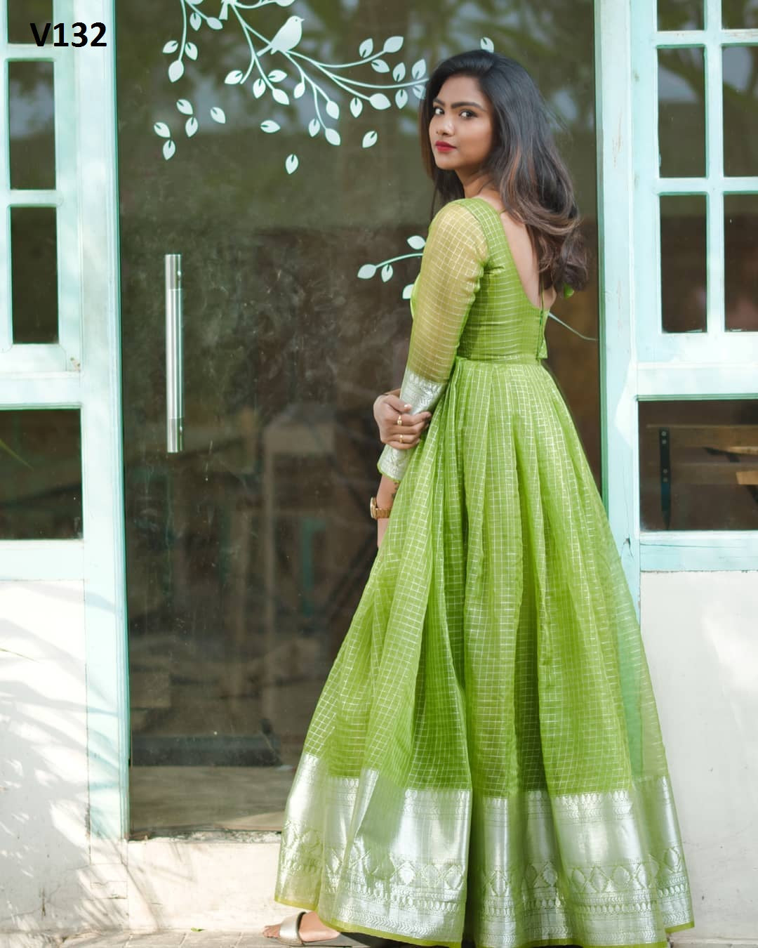 Parrot Green Orgenza Gown With Jacquard Border The Beauty Queen Parrot Green Orgenza Gown With Jacquard Border The Beauty Queen
