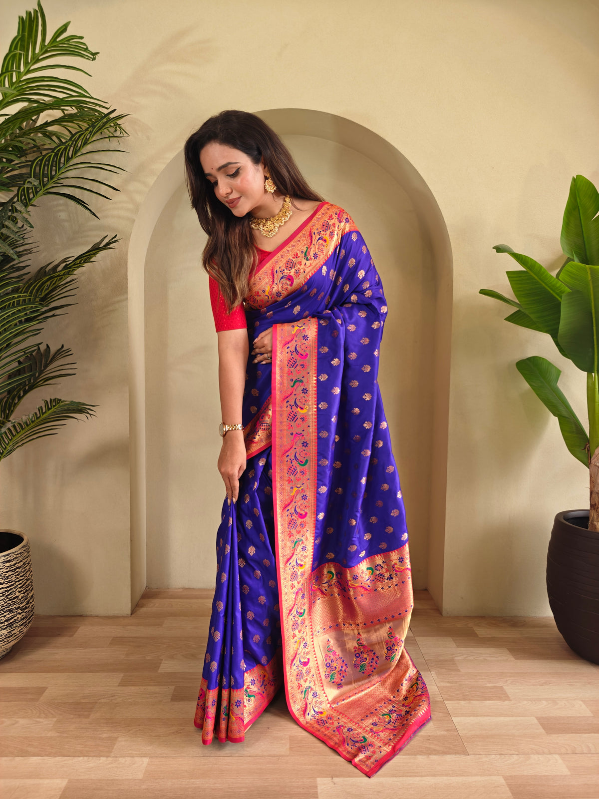 Royal Blue & Pink Ethnic Motifs Woven Design Silk Saree With Woven Design Border
