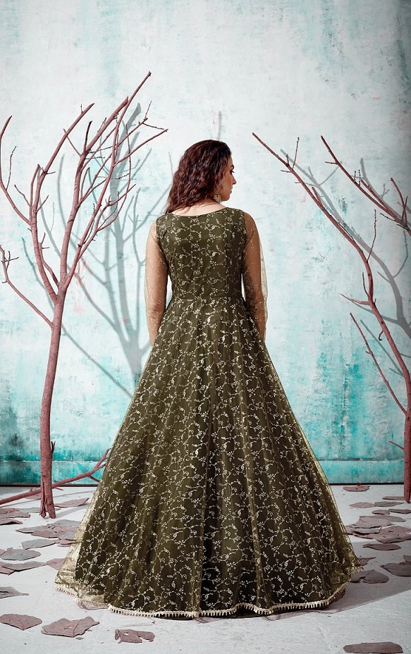 Olive Green NET Fabric Foil Printed Gown Collection
